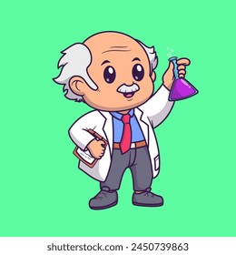 Netter Mann Wissenschaftler hält Chemical Liquid Tube Cartoon Vektorgrafik Icon Illustration. Wissenschaft Technologie Icon Concept Isolated Premium Vektorgrafik. Flacher Zeichentrickstil