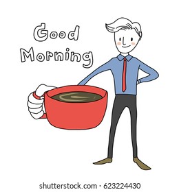 Cute man in shirt and tie holding a cup of coffee. Smiling man handing over coffee cup to greeting someone. Vector illustration with hand-drawn style.