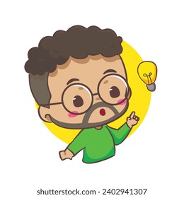 Cute man show idea with light bulb sign cartoon character. People expression concept design. Isolated background. Vector art illustration. 