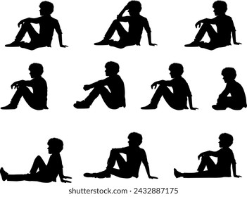 cute man sit down silhouette set