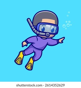 Cute Man Snorkeling Cartoon Vector Icon Illustration. People Nature Icon Concept Isolated Premium Vector. Flat Cartoon Style