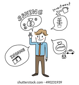 Cute man standing with his financial plan details such as his income saving, investment, expense. vector illustration.