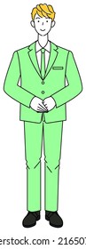 Cute man standing in a suit. standby posture. Right hand on top, hands folded. Full body standing illustration Vector