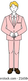 Cute man standing in a suit. standby posture. Right hand on top, hands folded. Full body standing illustration Vector