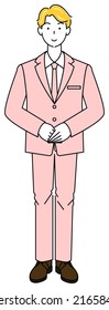 Cute man standing in a suit.  standby posture. Left hand on top, hands folded. Full body standing illustration Vector
