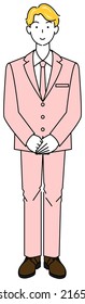 Cute man standing in a suit.  standby posture. Left hand on top, hands folded. Full body standing illustration Vector
