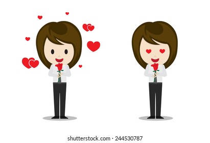 Cute man student in love giving and receiving rose, cartoon characters vector illustration