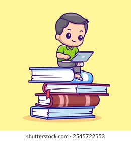 Estudio lindo del hombre con el ordenador portátil en el icono del Vector de la historieta del libro 
Ilustración. Personas Tecnología Icon Concept Aislado 
Vector de Premium. Estilo plano de la historieta 