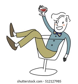 Cute man with stylish bow tie sitting in a big wine glass, raising a red wine glass and giving a toast. Cheers. Greeting. Celebrations. Vector illustration.