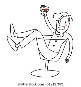 Cute man with stylish bow tie sitting in a big wine glass, raising a red wine glass and giving a toast. Cheers. Greeting. Celebrations. Vector illustration.