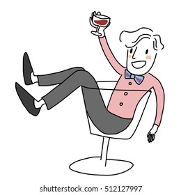 Cute man with stylish bow tie sitting in a big wine glass, raising a red wine glass and giving a toast. Cheers. Greeting. Celebrations. Vector illustration. svg