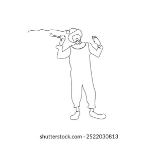 A cute man in a suit and makeup for a holiday for children. Joker in a suit and wig. Single one line drawing of a joyful clown. Hand made vector not AI.