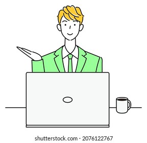 Cute Mann in Anzug sitzend vor dem Computer mit Lächeln, die Rezeptionist Information IlluVektorvektor