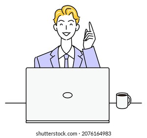 Cute man in a suit sitting in front of a computer thinking positive thoughts illustration vector