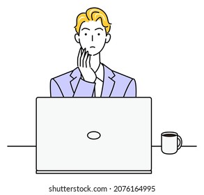 Cute man in a suit sitting in front of a computer thinking about a plan illustration vector