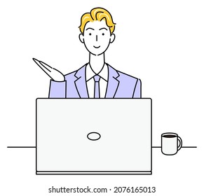 Cute man in suit sitting in front of computer with smile giving receptionist information illustration vector