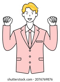 Cute man in a suit sitting in front of a computer thinking about a plan illustration vector