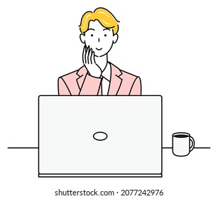 Hombre lindo con traje sentado frente a un pensamiento informático positivo vector