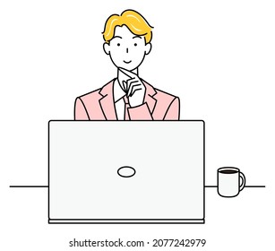 Cute man in a suit sitting in front of a computer thinking positive thoughts illustration vector