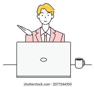 Cute man in suit sitting in front of computer with smile giving receptionist information illustration vector