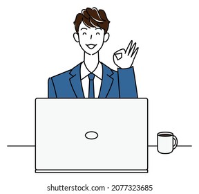 Cute man in suit sitting in front of computer doing OK pose illustration vector
