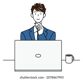 Cute man in a suit sitting in front of a computer thinking positive thoughts illustration vector