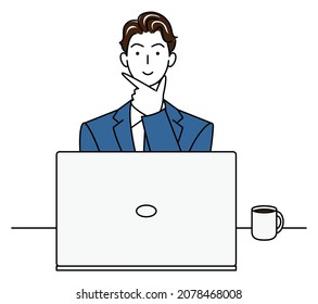 Cute man in a suit sitting in front of a computer thinking positive thoughts illustration vector
