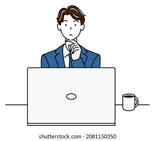 Hombre lindo con traje sentado frente a una computadora pensando en un vector de ilustración de plan