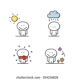 Cute man with the sun, rain, snow and flowers - cartoon vector illustration