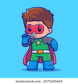 Cute Man Super Hero Brushing Teeth Cartoon Vector Icon Illustration. People Holiday Icon Concept Isolated Premium Vector. Flat Cartoon Style