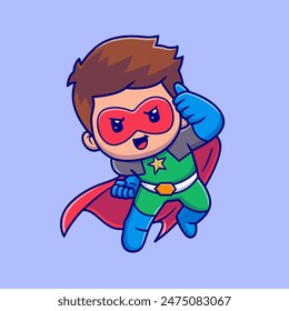 Cute Man Super Hero Flying Cartoon Vector Icon Illustration. People Holiday Icon Concept Isolated Premium Vector. Flat Cartoon Style