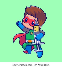 Cute Man Super Hero Holding Injection Cartoon Vector Icon Illustration. People Holiday Icon Concept Isolated Premium Vector. Flat Cartoon Style