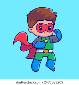 Cute Man Super Hero Muscular Cartoon Vector Icon Illustration. People Holiday Icon Concept Isolated Premium Vector. Flat Cartoon Style