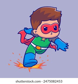 Cute Man Super Hero Run With Lightning Cartoon Vector Icon Illustration. People Holiday Icon Concept Isolated Premium Vector. Flat Cartoon Style