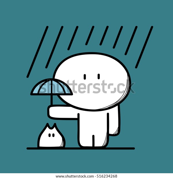 青い背景に大雨の下 かわいい男が傘を差してペットの世話をする 友情と優しさ 漫画のベクターイラスト のベクター画像素材 ロイヤリティフリー