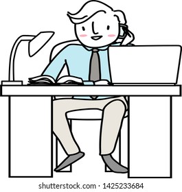 Cute man talking on the phone and handling his work stuff at desk.  