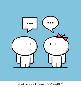 Cute man talks to a woman with chat symbols on the blue background. Conversation and relationships - cartoon vector illustration.