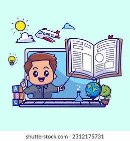 Cute Man Teacher Online Education Cartoon Vector Icon Illustration. People Education Icon Concept Isolated Premium Vector. Flat Cartoon Style