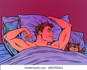 Un hombre lindo con un oso de juguete durmiendo dulcemente en la cama. Ilustración de arte pop retro estilo kitsch vintage años 50 años 60