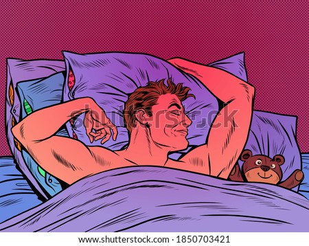 Cute man with a toy bear sleeping sweetly in bed. Pop art retro illustration kitsch vintage 50s 60s style