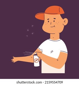 Cute man using mosquitoes repellent vector cartoon character isolated on background.