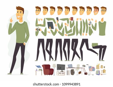 Cute Man - Vector Cartoon People Character Constructor Isolated On White Background. Young Person Wearing Casual Clothes In Different Poses, Emotions. Set Of Accessories, Workplace, Home Furniture