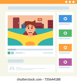 Cute man and video blog in web interface. Vector illustration in cartoon style