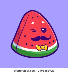 Cute Man Watermelon With Moustache Cartoon Vector Icon Illustration. Food Business Icon Concept Isolated Premium Vector. Flat Cartoon Style