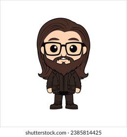 Cute man wearing glass with beard long and brown hair cartoon vector illustration