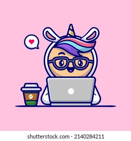 Cute Man Wearing Unicorn Costume Working On Laptop With Coffee Cartoon Vector Icon Illustration. People Technology Icon Concept Isolated Premium Vector. Flat Cartoon Style