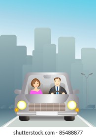 Cute man and woman in car on the road