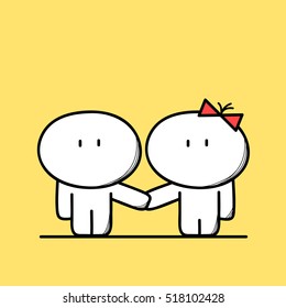 Cute man and woman couple, boy and girl holding hands on the yellow background. Date, love and relationships - cartoon vector illustration.