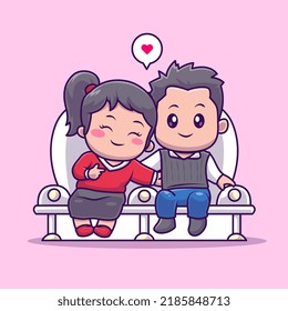 Cute Man and Woman Couple Sitting On Sofa Cartoon Vector Icon Illustration. People Love Icon Concept Isolated Premium Vector. Flat Cartoon Style