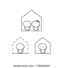 Cute man and woman at home. House purchase and apartment rent, project and building plan, living alone and together, single and family life cartoon vector illustration.